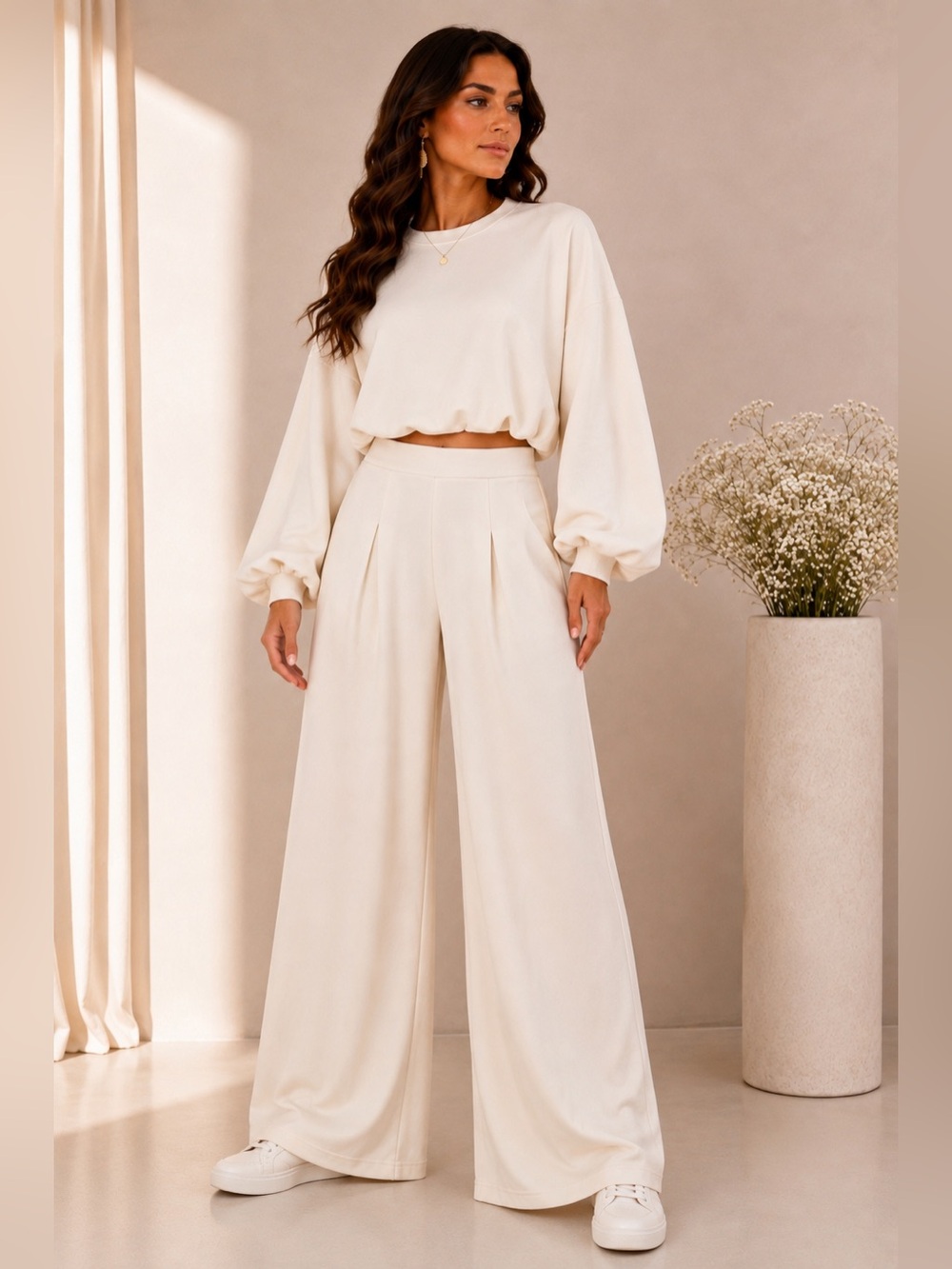 632. Cloud Scuba Wide-Leg Pleated pants Set